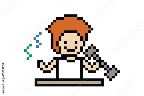 Cartoon 8 bit man with muscle strength weight training physical exercise gym bodybuilder pixel art vector cute background.