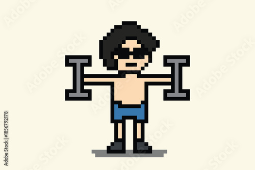 Cartoon 8 bit man with muscle strength weight training physical exercise gym bodybuilder pixel art vector cute background.
