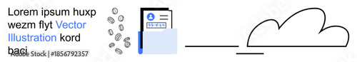 Data storage, file management, cloud solutions, online sharing, digital documentation, technology services. Document icon with cloud and digital data exchange elements. File management and cloud