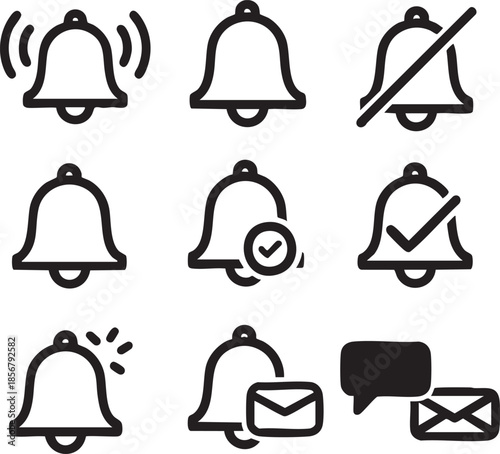 ringing bell icon, bell icon, silenced bell icon, alarm bell icon, bell with checkmark icon, bell with tick icon, bell with sun icon, envelope icon, envelope with speech bubble icon.eps