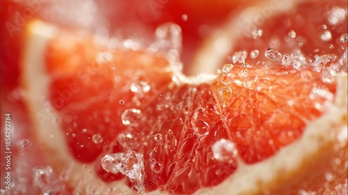 Close-up macro shot of fresh grapefruit juice droplets splashing on citrus fruit segments