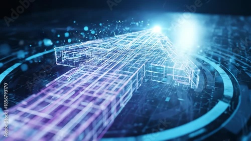 Digital arrow moving forward over circuit board. Data visualization and network concept for business growth process.