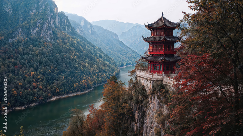 Obraz premium Red traditional pagoda on steep cliff with autumn forest and winding river through deep mountain valley