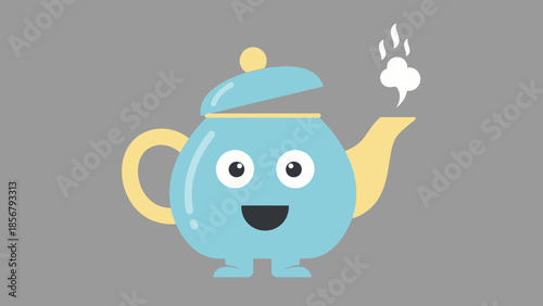 Happy Cartoon Teapot Steaming and Smiling Comfortingly on Isolated Gray Background