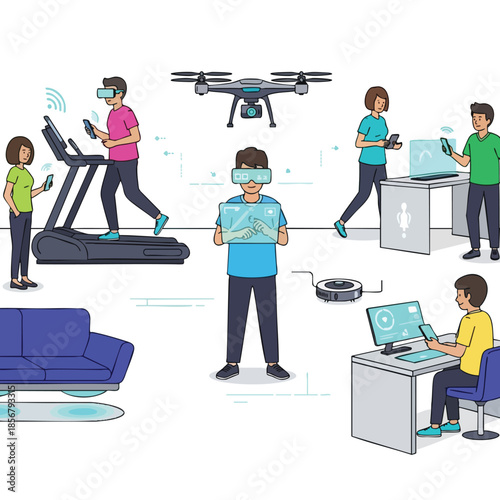 Illustration depicting a range of modern technology usage