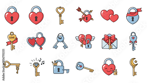 Assorted Love Theme Icon Set with hearts keys and locks in Valentine Style