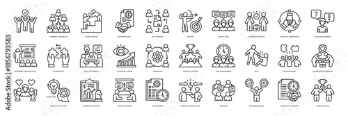 Team Unity icon collection line style. containing Team Unity, Company Hierarchy, Team Support, Business Deal, File Sharing, Group Chat, Business Partner