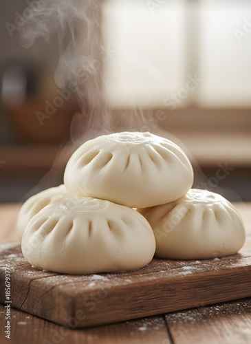 Wallpaper Mural Steaming Hot Bao Buns on Wooden Board with Visible Steam Torontodigital.ca