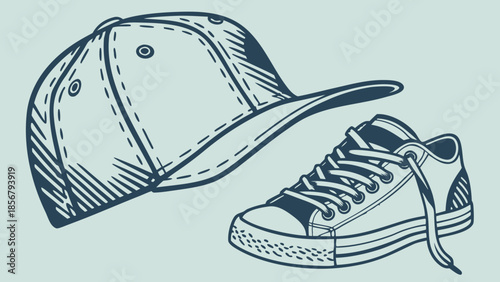 Hand drawn vector illustration of a whale and fish swimming near ice skates sketch in a cartoon sea design for sport footwear logo and fashion silhouette icon