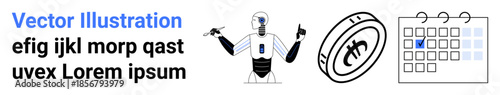 Artificial intelligence, cryptocurrency, task management, automation, blockchain, productivity. Includes a robot, digital token design and calendar. AI and cryptocurrency innovation concept