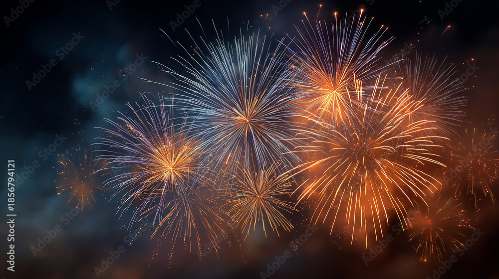 Naklejka premium Celestial Symphony: Brilliant fireworks paint the night sky with streaks of vibrant colors, creating a spectacle of light and joy.