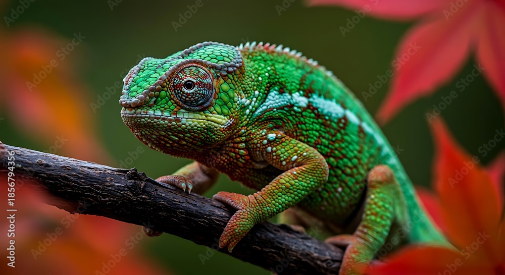 Fototapeta premium Green Chameleon on Branch with Colorful Leaves