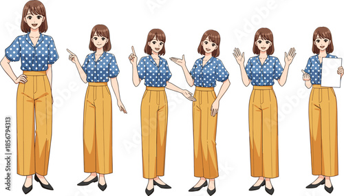 Casual female character set with multiple poses and gestures, friendly woman cartoon vector illustration for presentation marketing design projects branding