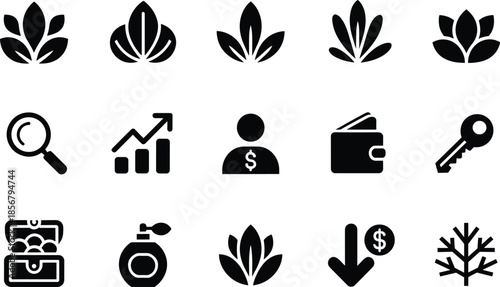 Business and finance icons set with nature symbols, growth analytics wallet money leaves, minimal black vector illustration isolated on white background