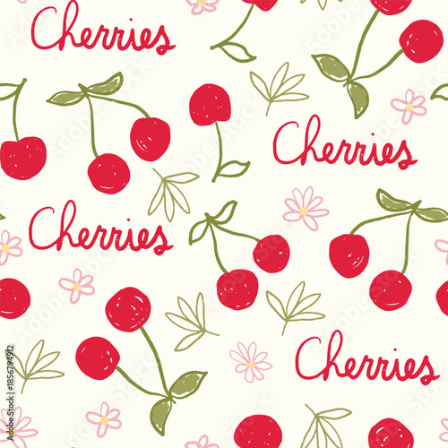Red cherry seamless pattern. Sweet cherries with lettering summer background. Cute cherries with leaves print.