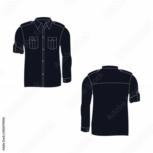 Ilustrasi vektor kemeja pria lengan panjang warna gelap dengan tampilan depan dan belakang. Cocok untuk desain fashion, katalog pakaian, template seragam, mockup, dan presentasi produk tekstil.