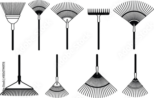 Set of ten different rake types for gardening, landscaping, yard work, soil care, leaf collection, and outdoor maintenance tools.