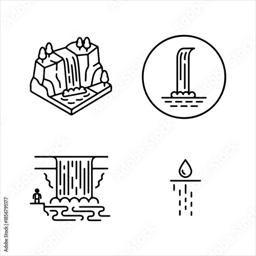 A Professional Aquatic Waterfall Icon Symbol, Showcasing Natural Cascade and Fresh River Stream Cataract Landscape in a Flat Design Minimalist Vector for Tourism Environment Success Ecology.