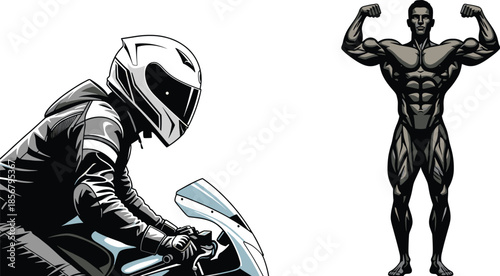 Motorcycle rider and muscular bodybuilder illustration set showcasing speed, strength, power, and masculine lifestyle fitness concepts