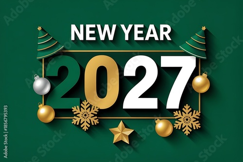 A festive new year design features the year 2027 adorned with golden and silver ornaments and green christmas trees high quality