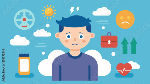 Minimal flat vector icon set illustrating emotional exhaustion and mental fatigue awareness