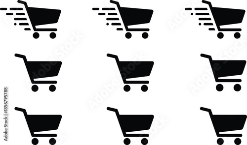Shopping cart icon set featuring fast checkout and ecommerce trolley symbols for online stores, retail apps, and web design