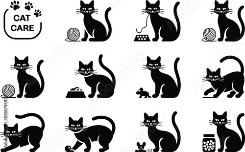 Cat care icons set, silhouette black cat illustrations, pet care symbols, cute kitty activities, veterinary design, animal care, play, feeding