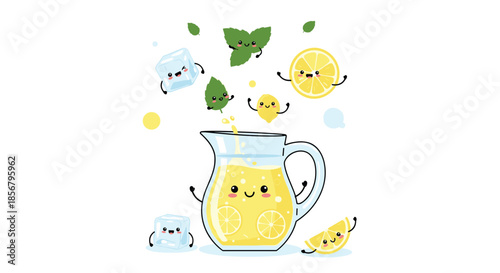 Fun illustration of a smiling lemonade pitcher surrounded by happy characters of ice cubes lemons and mint leaves.
