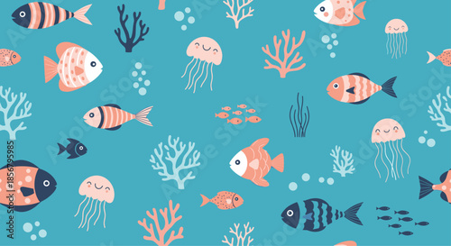 Enchanting underwater pattern with cute smiling fish jellyfish and colorful coral branches on a deep blue ocean background.
