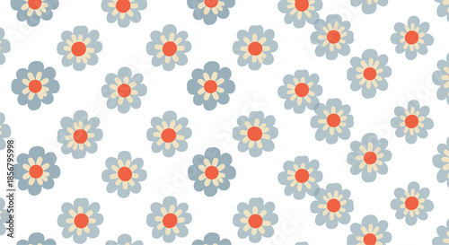 Cheerful floral pattern featuring simple blue daisies with bright red centers and cream petals arranged neatly on a white background.