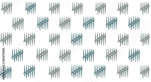 Repetitive minimalist pattern features grey tally marks representing number five sets on a clean white background.