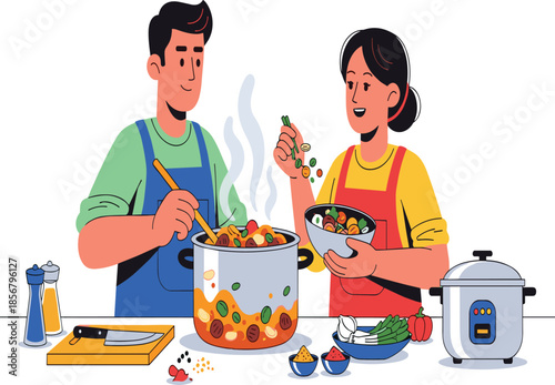 Cooking together in kitchen, healthy meal preparation, teamwork with vegetables, family lifestyle, fresh food ingredients, culinary teamwork, home cooking, nutrition, happiness
