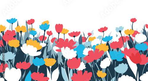 Vibrant field of stylized flowers in red, yellow, blue, and white grows along the bottom edge of a clean white space.