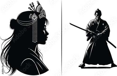 Traditional Japanese geisha profile and samurai warrior illustration representing culture, history, elegance, honor, and martial tradition