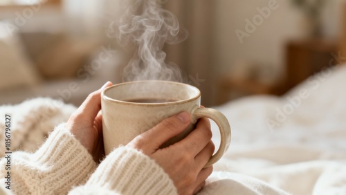 Cozy Winter Ritual with Hands Holding Warm Ceramic Mug for Lifestyle and Seasonal Branding