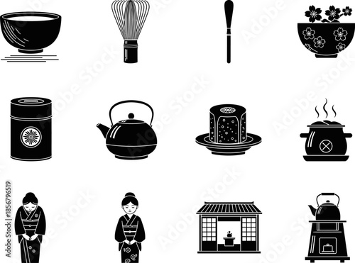 Japanese Tea Ceremony and Cultural Icons Set Vector Illustration, Featuring Matcha Whisk, Teapot, Geisha, and Traditional Tea House Building, Black Silhouette Elements.