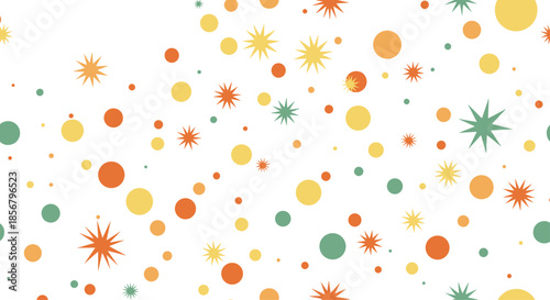 Cheerful pattern of vibrant dots and stylized star shapes in warm shades of orange, yellow, and teal creates a playful backdrop for celebration.
