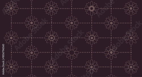 Symmetric floral geometric pattern features stylized blossoms arranged in a grid with dotted lines on a deep dark burgundy background texture.