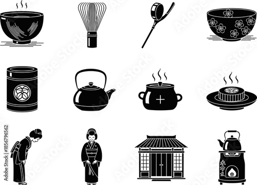 Japanese Tea Ceremony and Cultural Icons Set Vector Illustration, Featuring Steaming Bowl, Matcha Whisk, Geisha, and Traditional Tea House, Black Silhouette Graphic Elements.