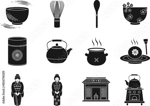 Japanese Tea Ceremony and Culture Icons Set Vector Illustration, Featuring Matcha Whisk, Teapot, Geisha, and Tea House Building, Black Silhouette Graphic Elements.