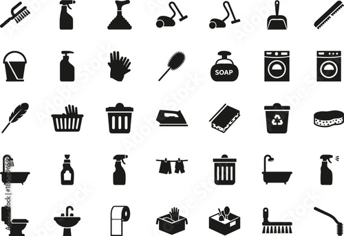 Large collection of black vector cleaning and household icons featuring tools, detergents, laundry items, bathroom objects, waste bins, and sanitation equipment for home maintenance illustrations