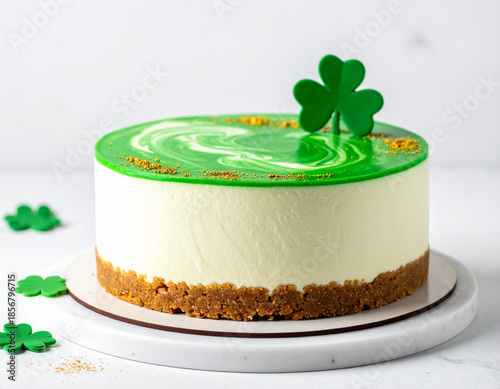 A green st Patrick's day cheesecake with edible clover candies. Ai