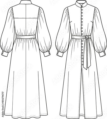 Long Maxi Shirt Dress Flat Sketch Technical Drawing, Mandarin Collar, Full Button Placket, Balloon Sleeves with Cuffs, Waist Belt, Modest Women's Apparel Vector Template, Front and Back View.