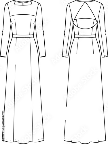 Long Sleeve Maxi Dress Technical Flat Sketch, Square Neck, Cutout Back Detail, A-Line Skirt, CAD Template Vector Illustration.