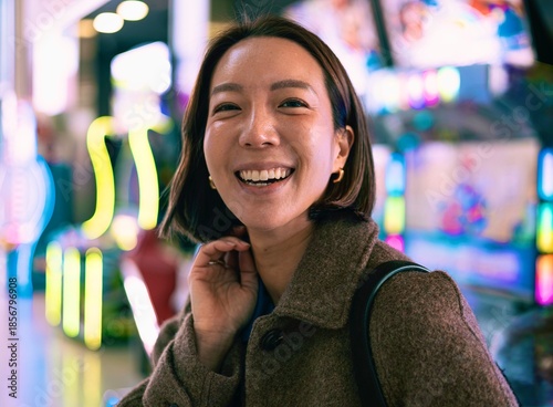 Joyful Asian woman smiling brightly in a vibrant city at night with neon lights