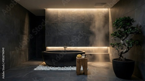 Zen Bathroom Interior with Stone Bathtub and Bonsai Tree