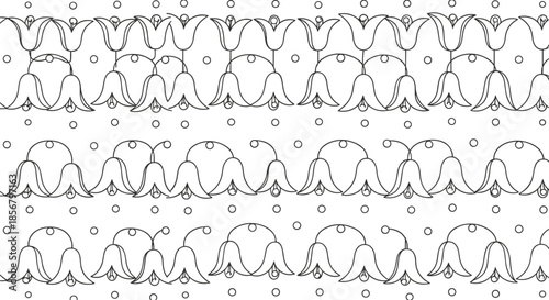 Elegant repeating pattern features stylized lily or tulip flowers hand drawn with black lines on a white background with decorative dots.