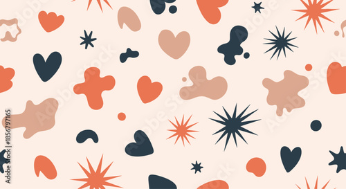 Creative abstract pattern includes a variety of shapes, hearts, and stars in earthy tones of navy, orange, and peach for a playful background.