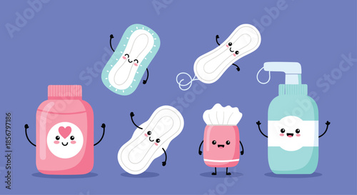 Cute cartoon character illustrations of feminine hygiene products with smiling faces on a bright purple background for educational health.