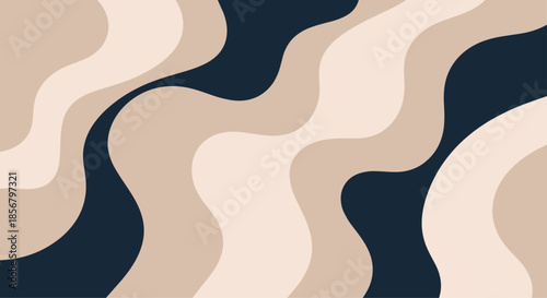 Fluid abstract background features wavy flowing bands in shades of tan, beige, and dark navy blue creating a smooth and harmonious movement.